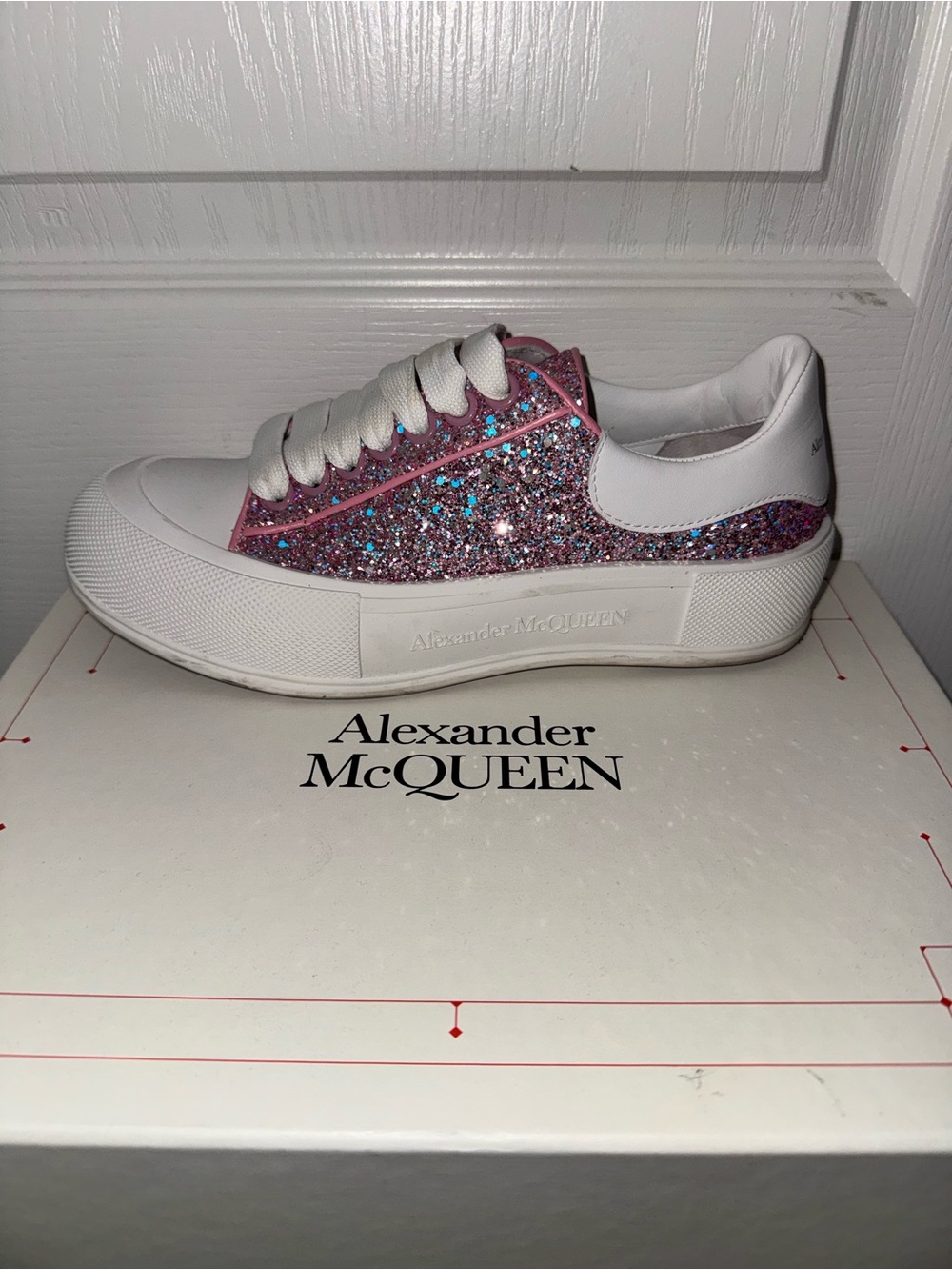 Alexander McQueen Pink Glitter Low-Top Sneaker with White Accents